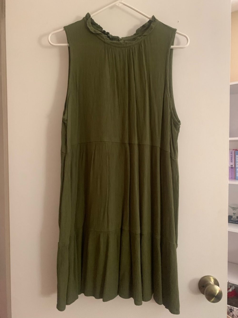 Sleeveless Olive Green Tiered Ruffle Neck Dress
